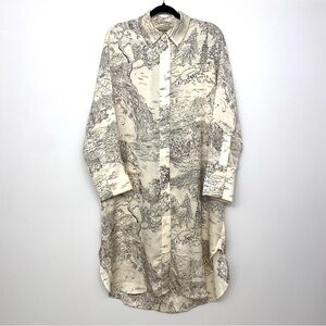 H&M Toile Ink Chinoiserie Shirt Dress Ecru Black Scenic Print Oversized Size M
